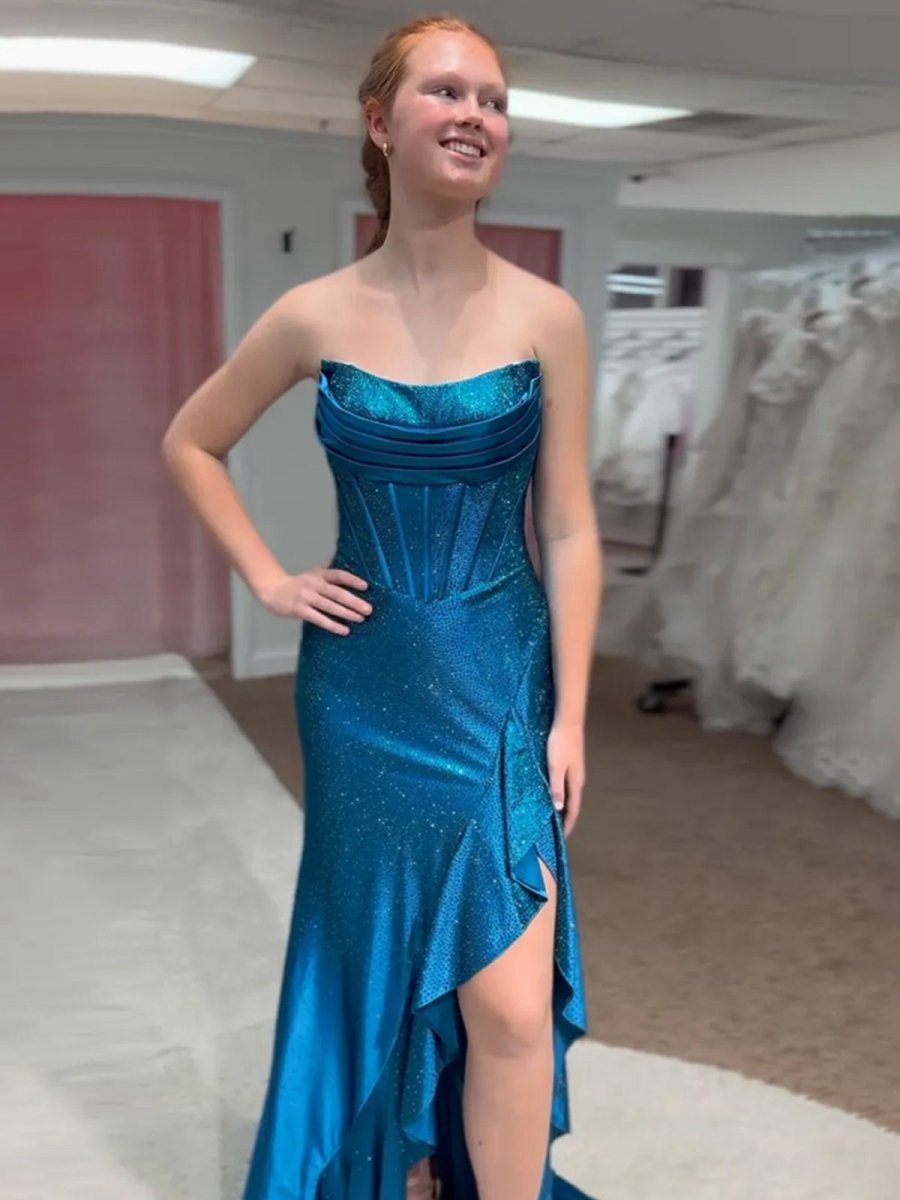 Mermaid Strapless Asymmetrical Beaded Long Prom Dresses with Slit