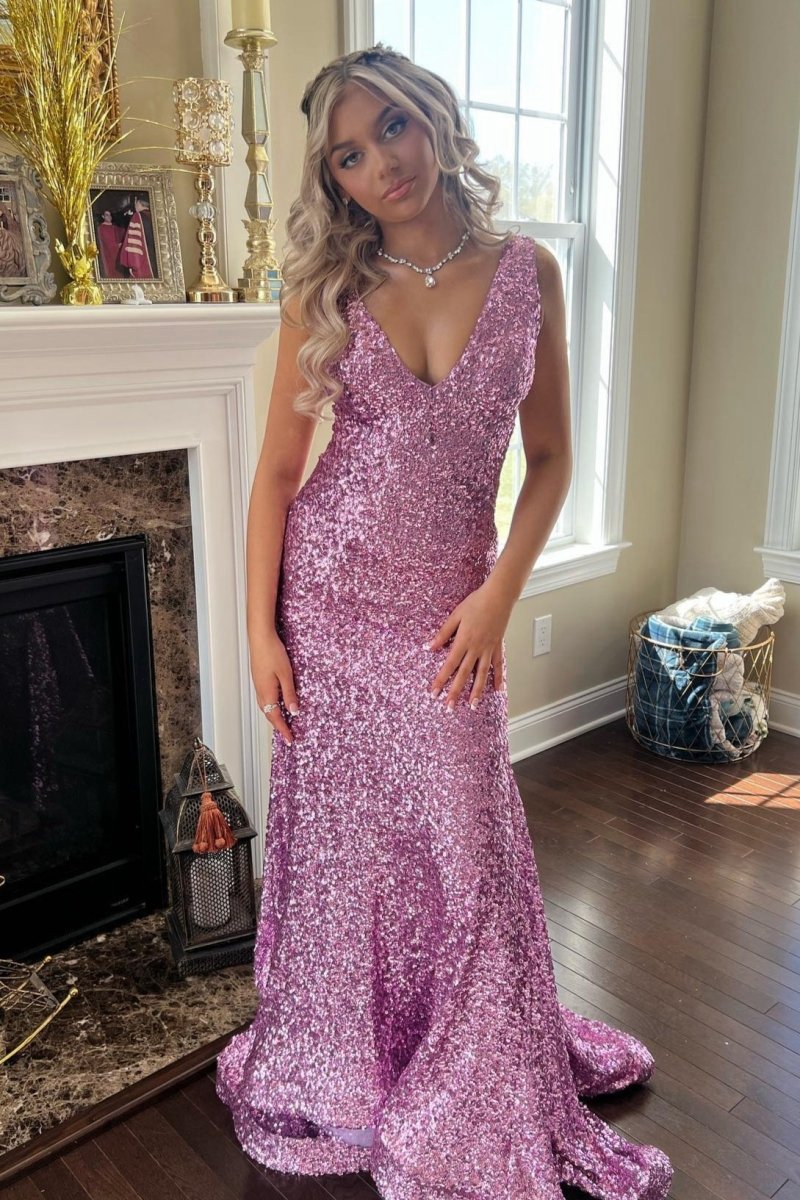 Sequins V-Neck Mermaid Evening Long Prom Dresses
