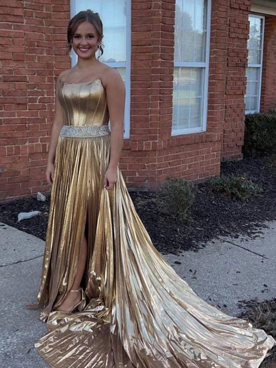 Metallic Gold Strapless Beaded Prom Dresses with Slit