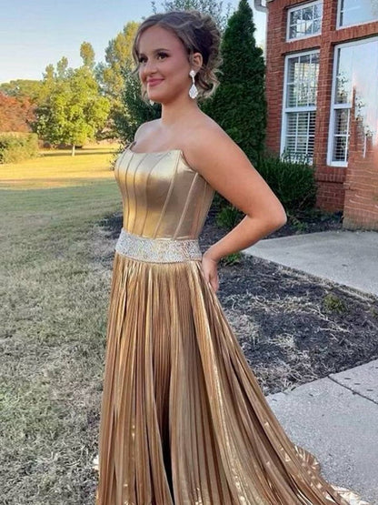 Metallic Gold Strapless Beaded Prom Dresses with Slit