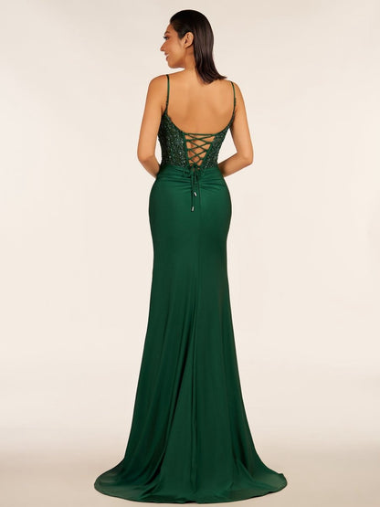 V Neck Beading Satin Long Slit Prom Dresses