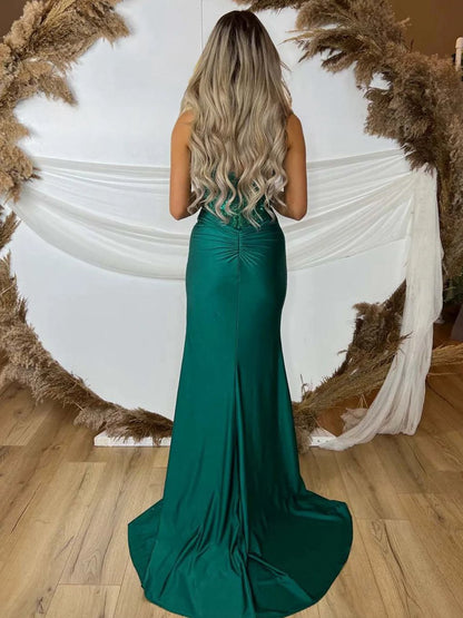 V Neck Beading Satin Long Slit Prom Dresses
