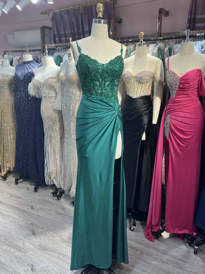 V Neck Beading Satin Long Slit Prom Dresses
