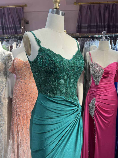 V Neck Beading Satin Long Slit Prom Dresses