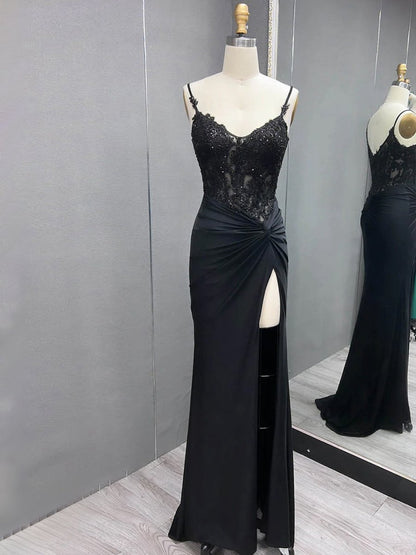 V Neck Beading Satin Long Slit Prom Dresses