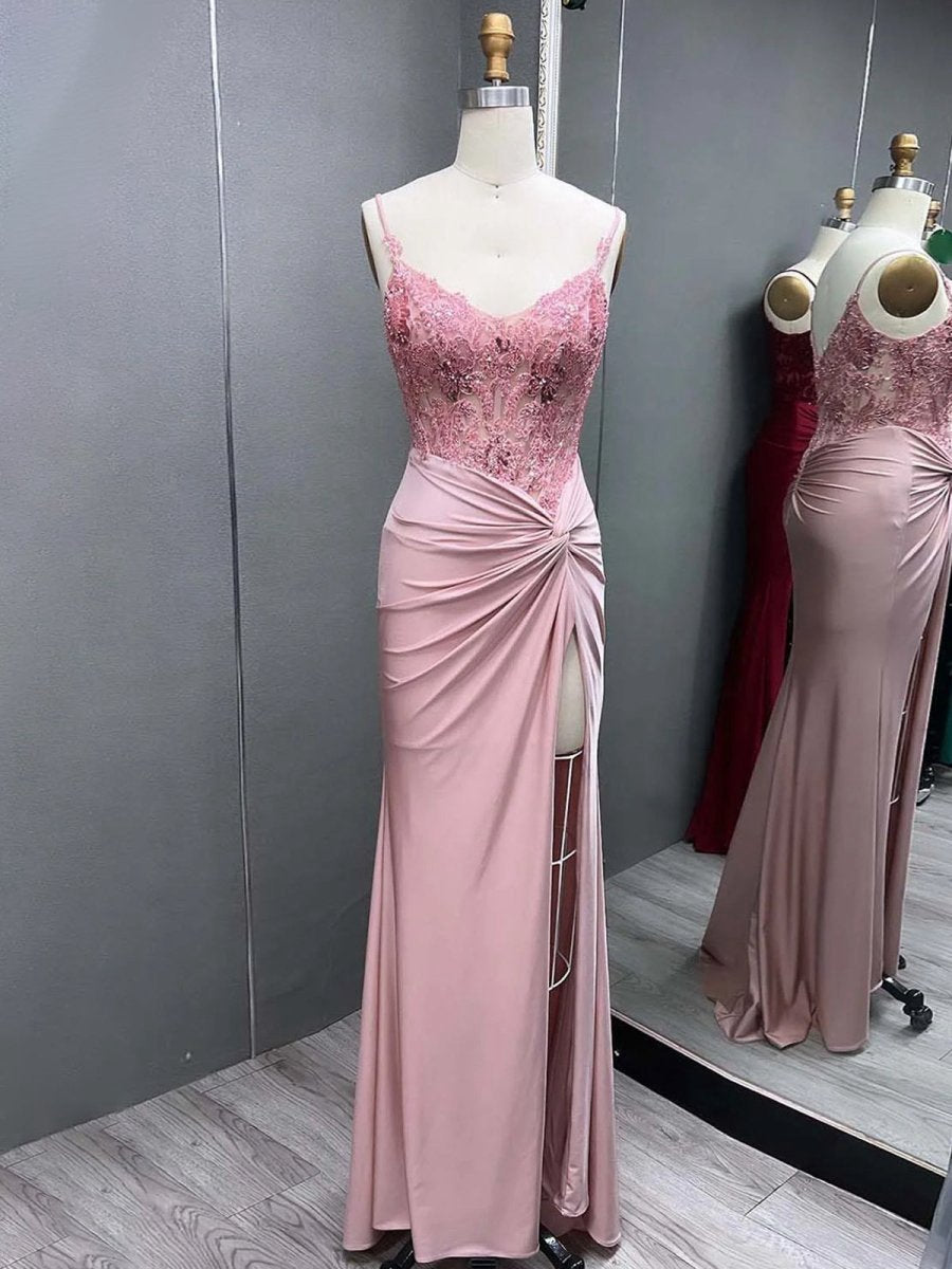 V Neck Beading Satin Long Slit Prom Dresses