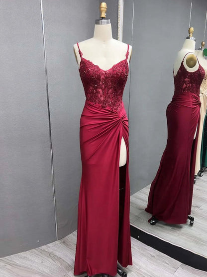 V Neck Beading Satin Long Slit Prom Dresses
