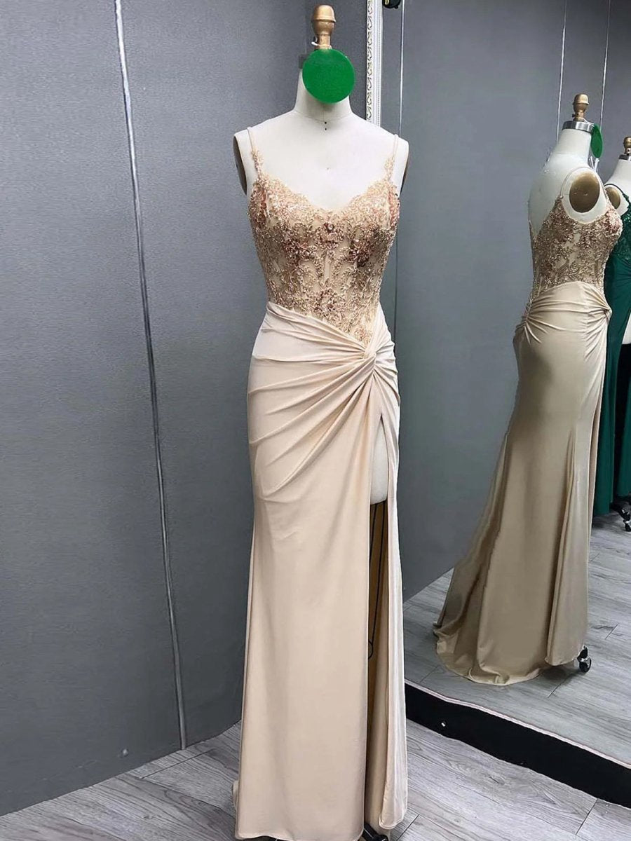 V Neck Beading Satin Long Slit Prom Dresses