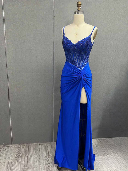 V Neck Beading Satin Long Slit Prom Dresses