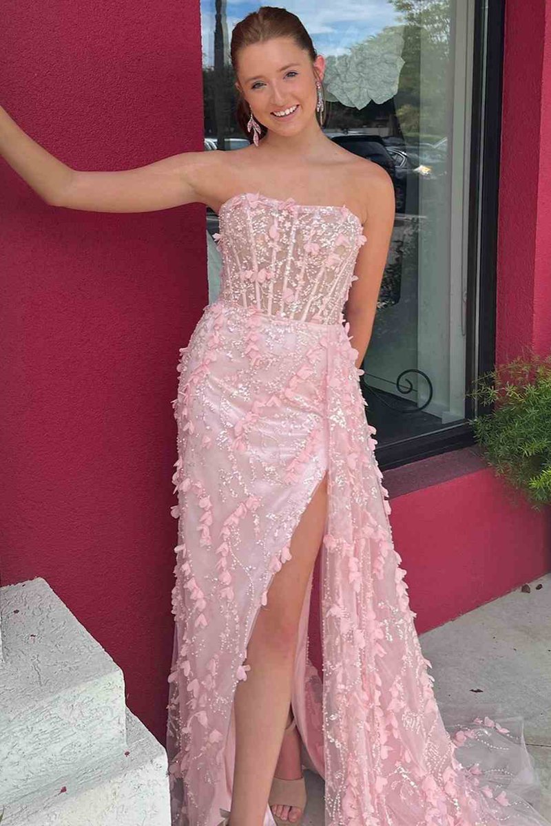 Strapless 3D Floral High Slit Mermaid Long Prom Dresses