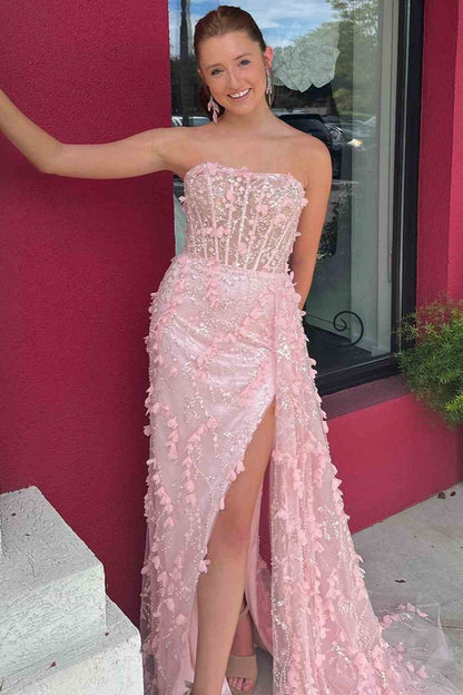 Strapless 3D Floral High Slit Mermaid Long Prom Dresses