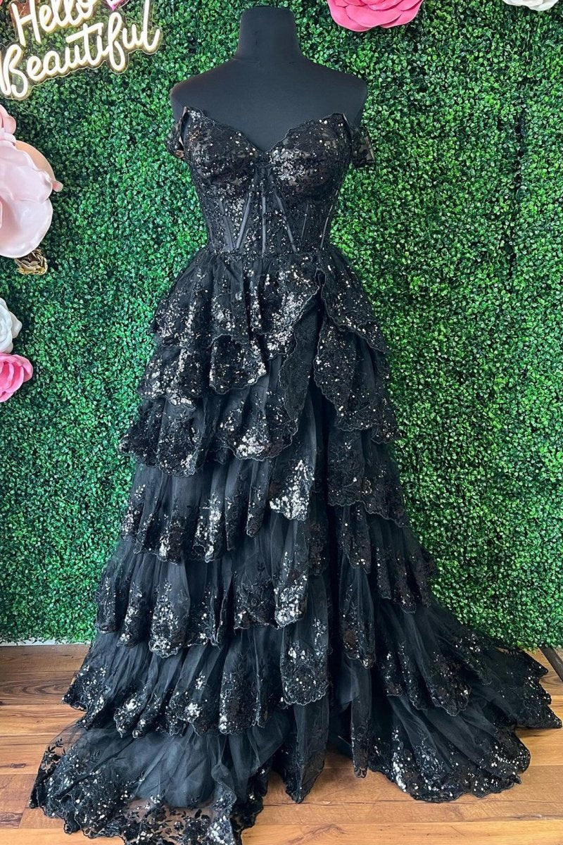 Sequin Appliques Off-the-Shoulder Ruffle Tie Long Gown