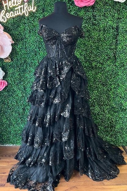 Sequin Appliques Off-the-Shoulder Ruffle Tie Long Gown