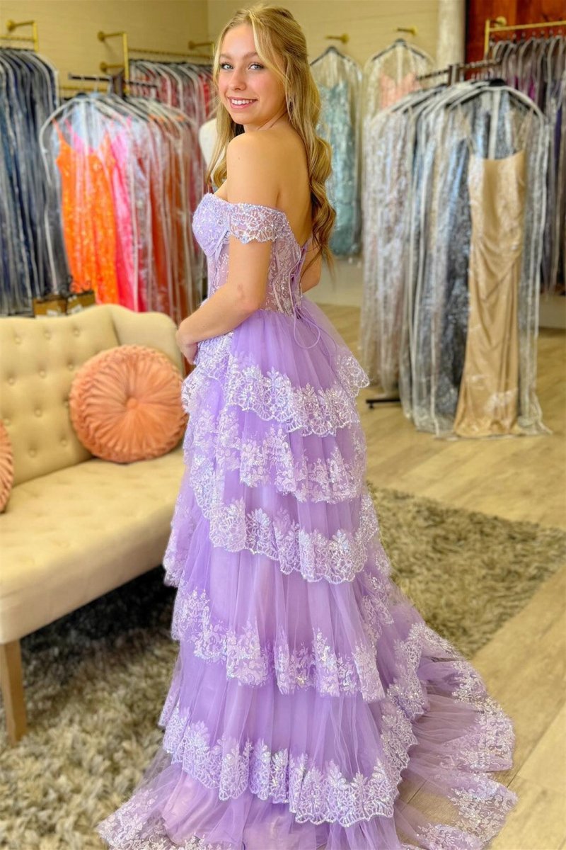 Sequin Appliques Off-the-Shoulder Ruffle Tie Long Gown
