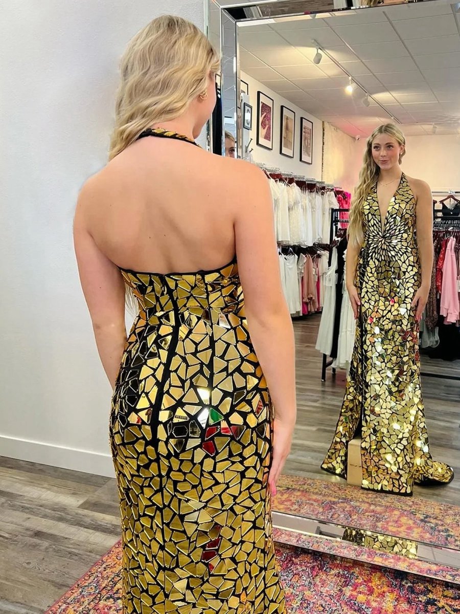 Sparkly Halter Mermaid Sequins Prom Dresses with Split