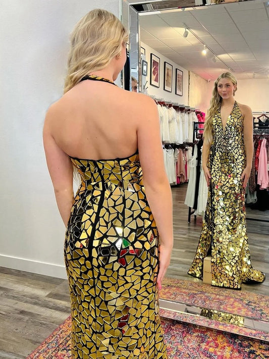 Sparkly Halter Mermaid Sequins Prom Dresses with Split