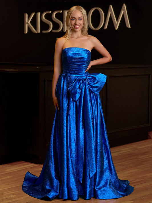 Strapless A-line Long Prom Dresses with Bow