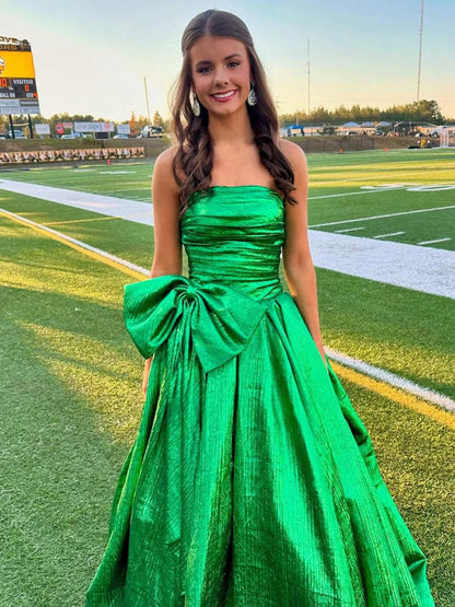 Strapless A-line Long Prom Dresses with Bow
