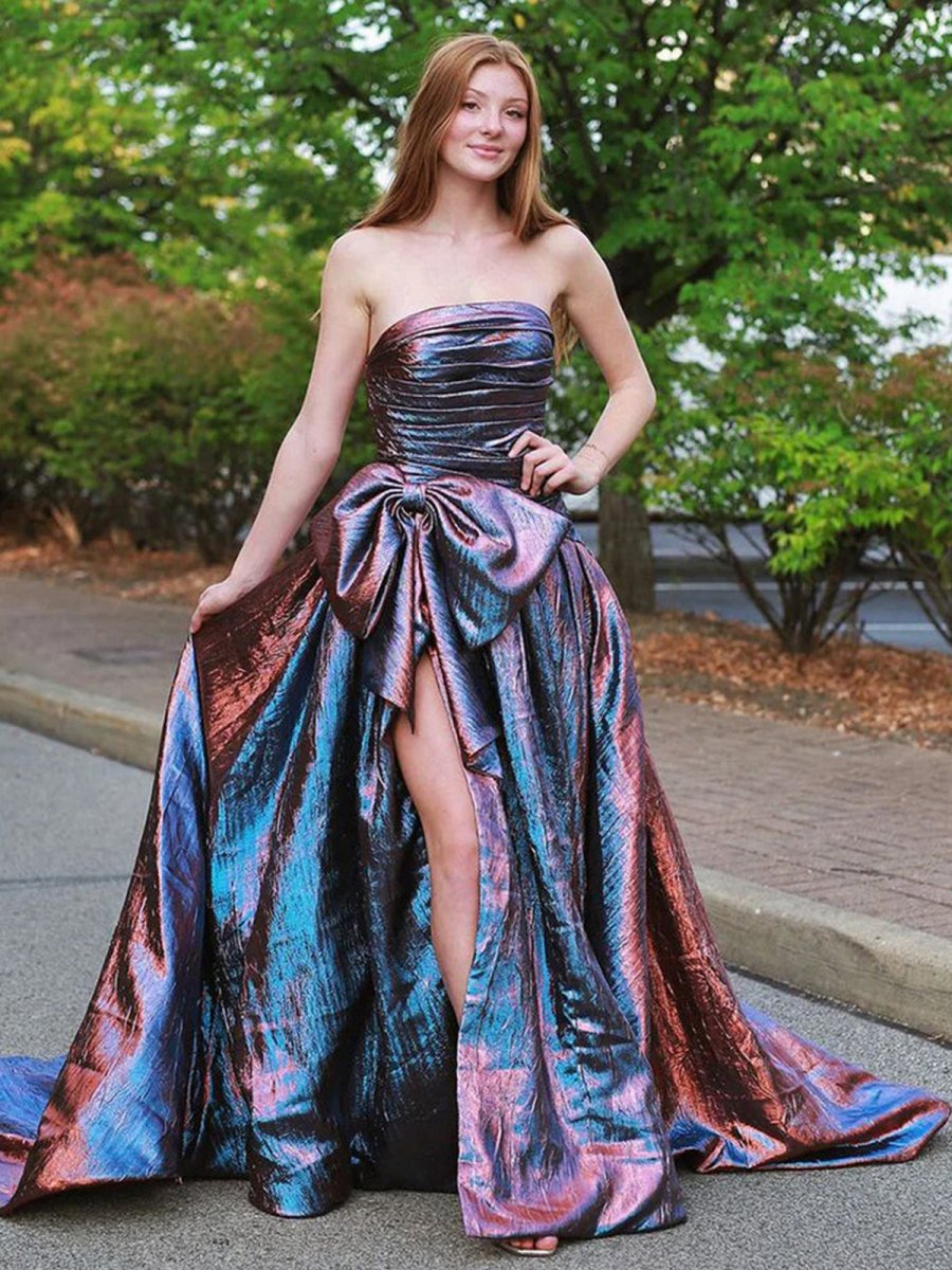 Strapless A-line Long Prom Dresses with Bow