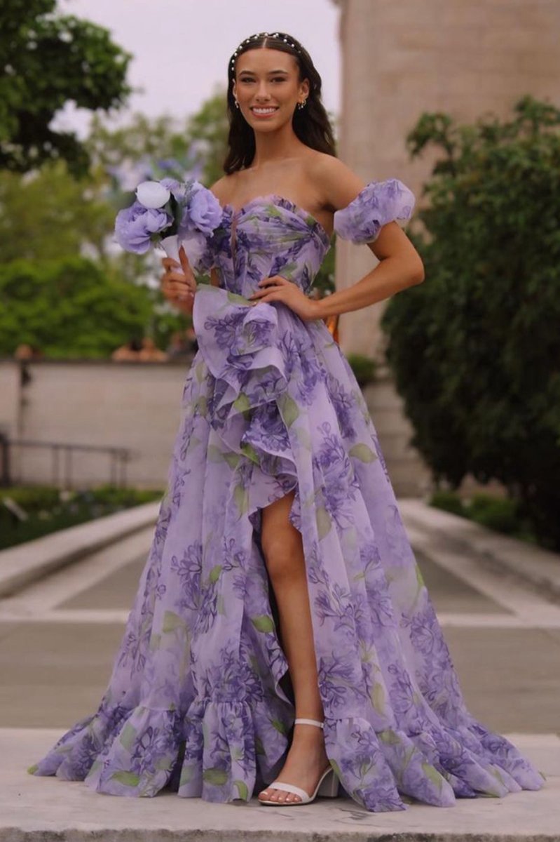 Strapless A-line Floral Prom Dresses with Detachable Sleeves
