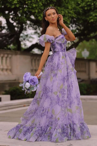 Strapless A-line Floral Prom Dresses with Detachable Sleeves