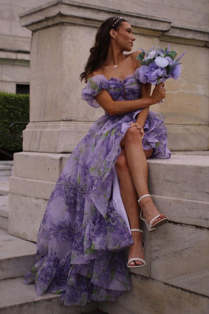Strapless A-line Floral Prom Dresses with Detachable Sleeves