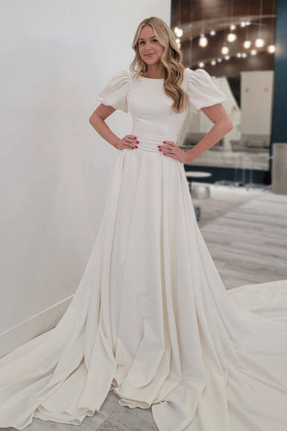 A-line Puff Sleeves Satin Sweeping Long Wedding Dresses