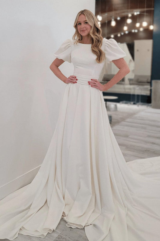 A-line Puff Sleeves Satin Sweeping Long Wedding Dresses