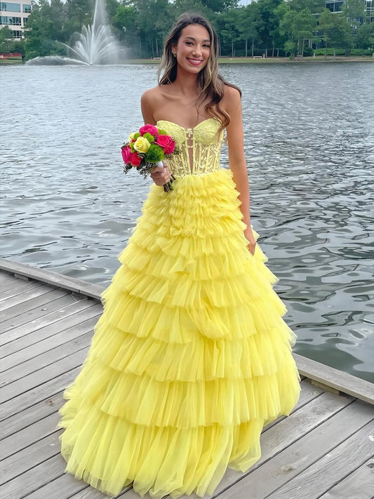 Sweeteart A-line Tie Tulle Long Prom Dresses