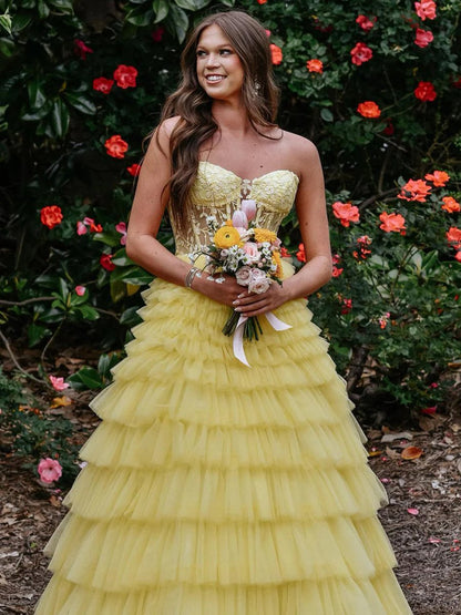 Sweeteart A-line Tie Tulle Long Prom Dresses