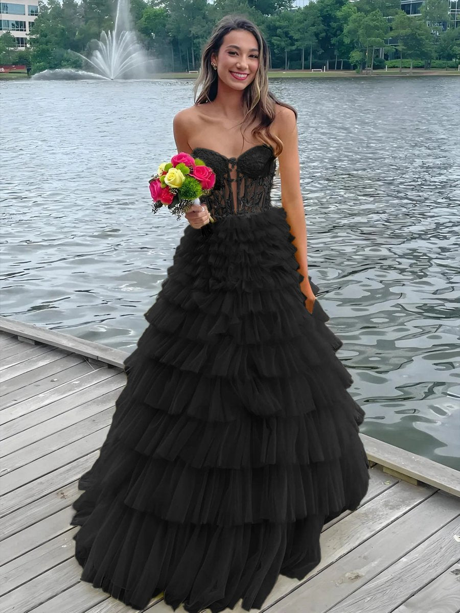 Sweeteart A-line Tie Tulle Long Prom Dresses
