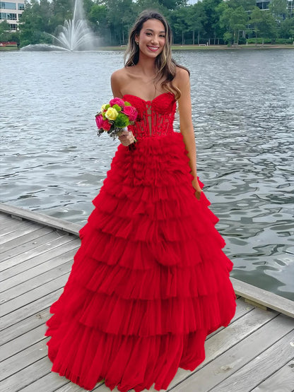 Sweeteart A-line Tie Tulle Long Prom Dresses