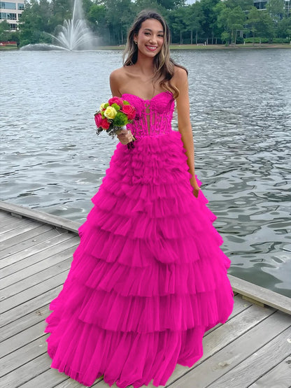 Sweeteart A-line Tie Tulle Long Prom Dresses