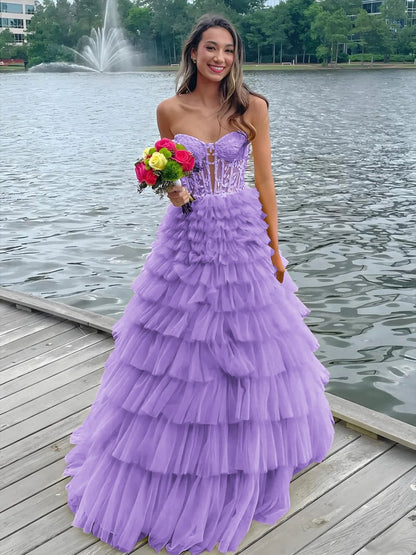 Sweeteart A-line Tie Tulle Long Prom Dresses