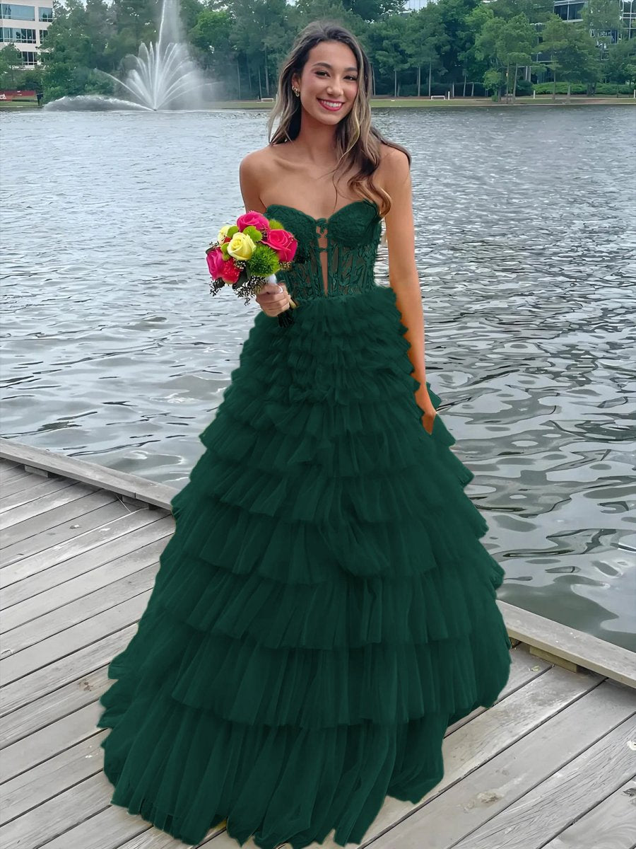 Sweeteart A-line Tie Tulle Long Prom Dresses