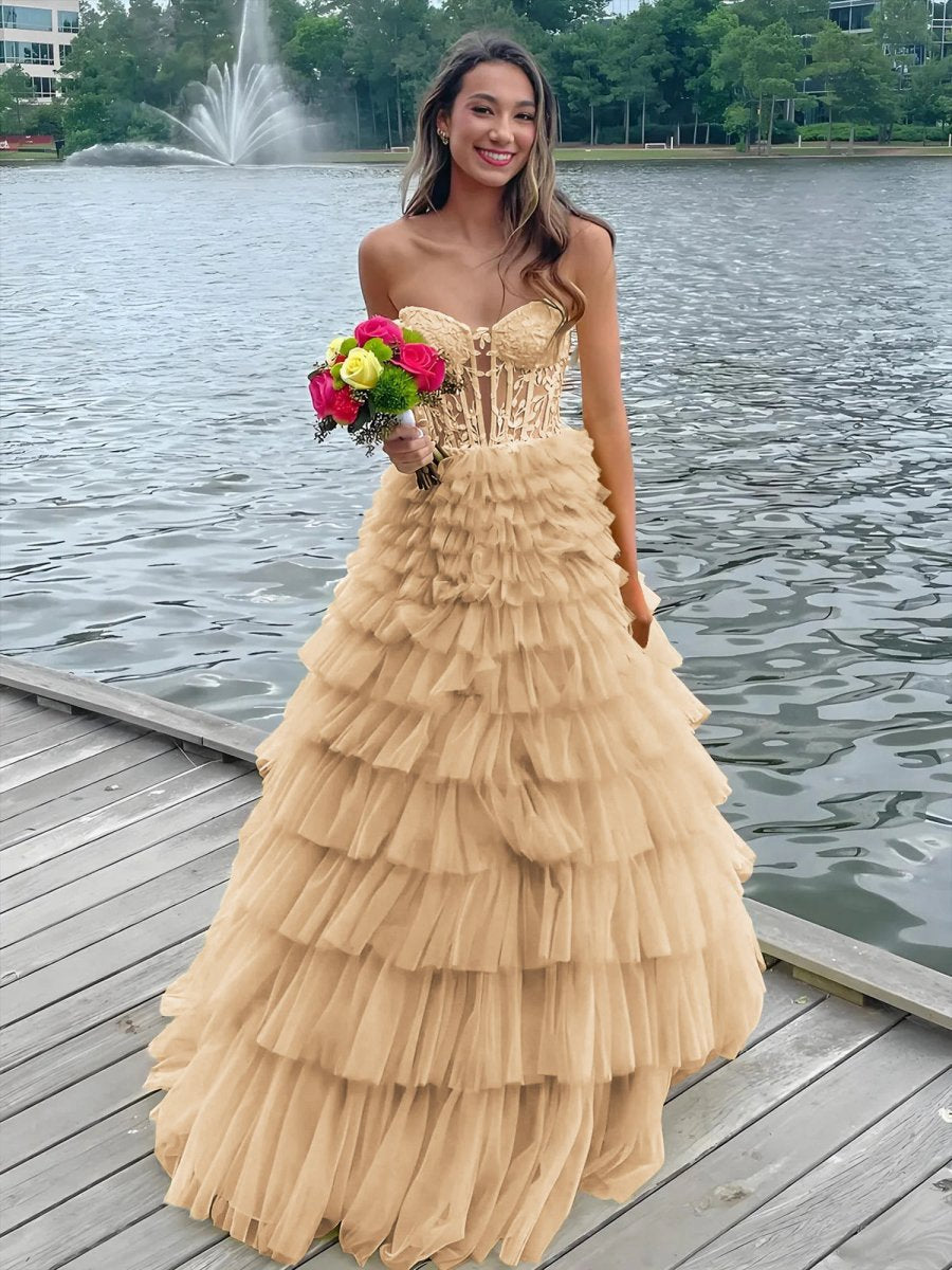 Sweeteart A-line Tie Tulle Long Prom Dresses