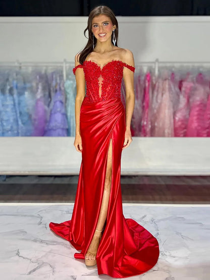 Mermaid Sweetheart Satin Long Prom Dresses with Split