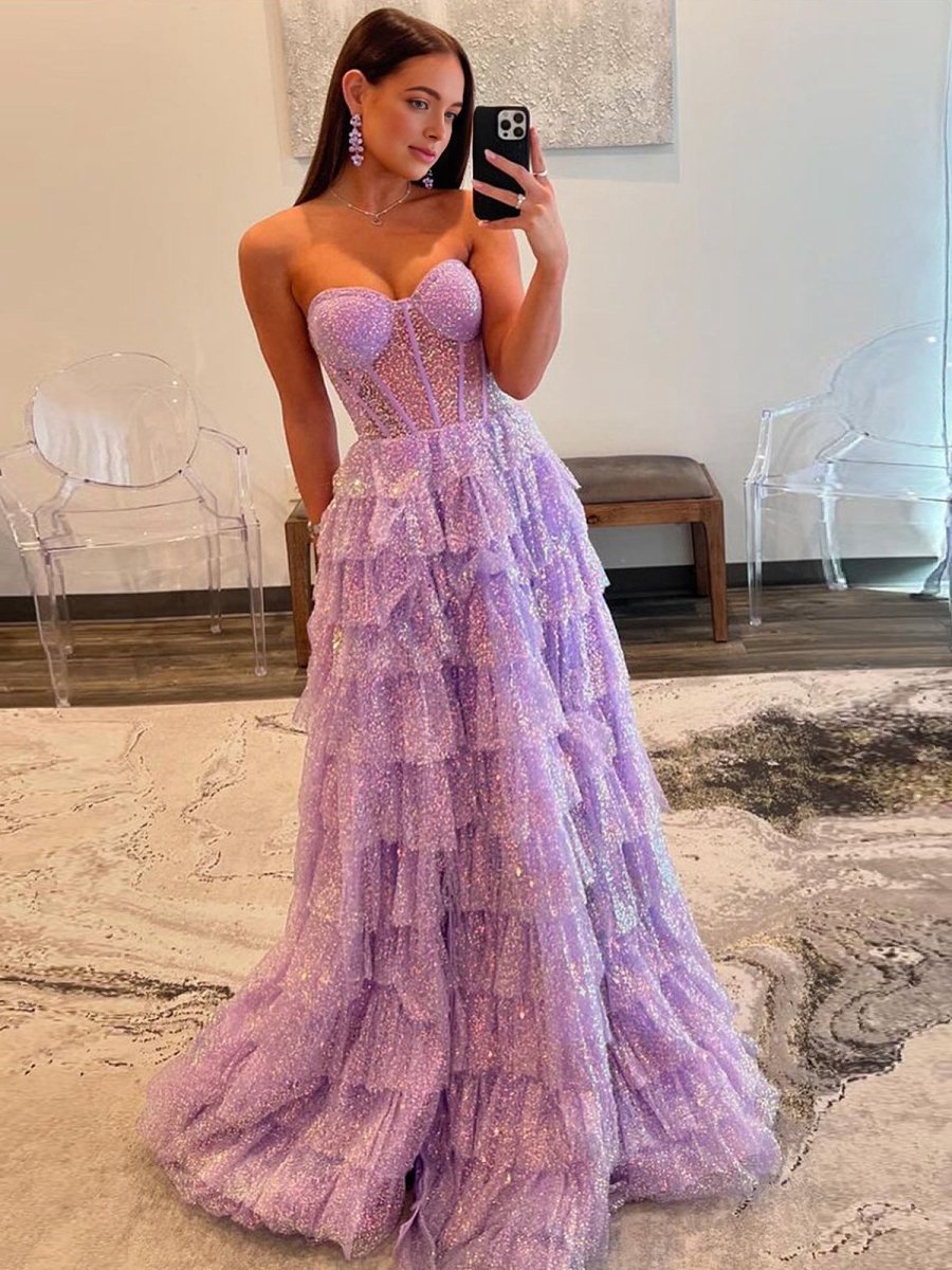 A-line Sweetheart Sequins Long Prom Dresses with Split