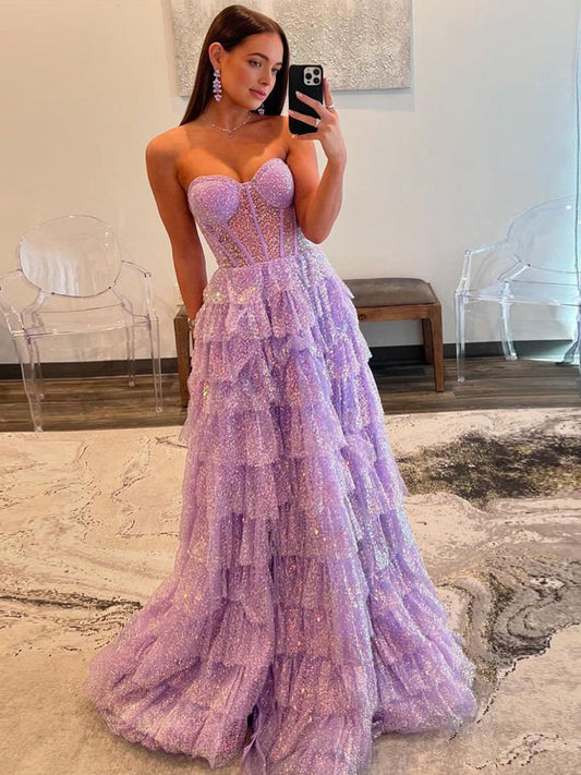 A-line Sweetheart Sequins Long Prom Dresses with Split