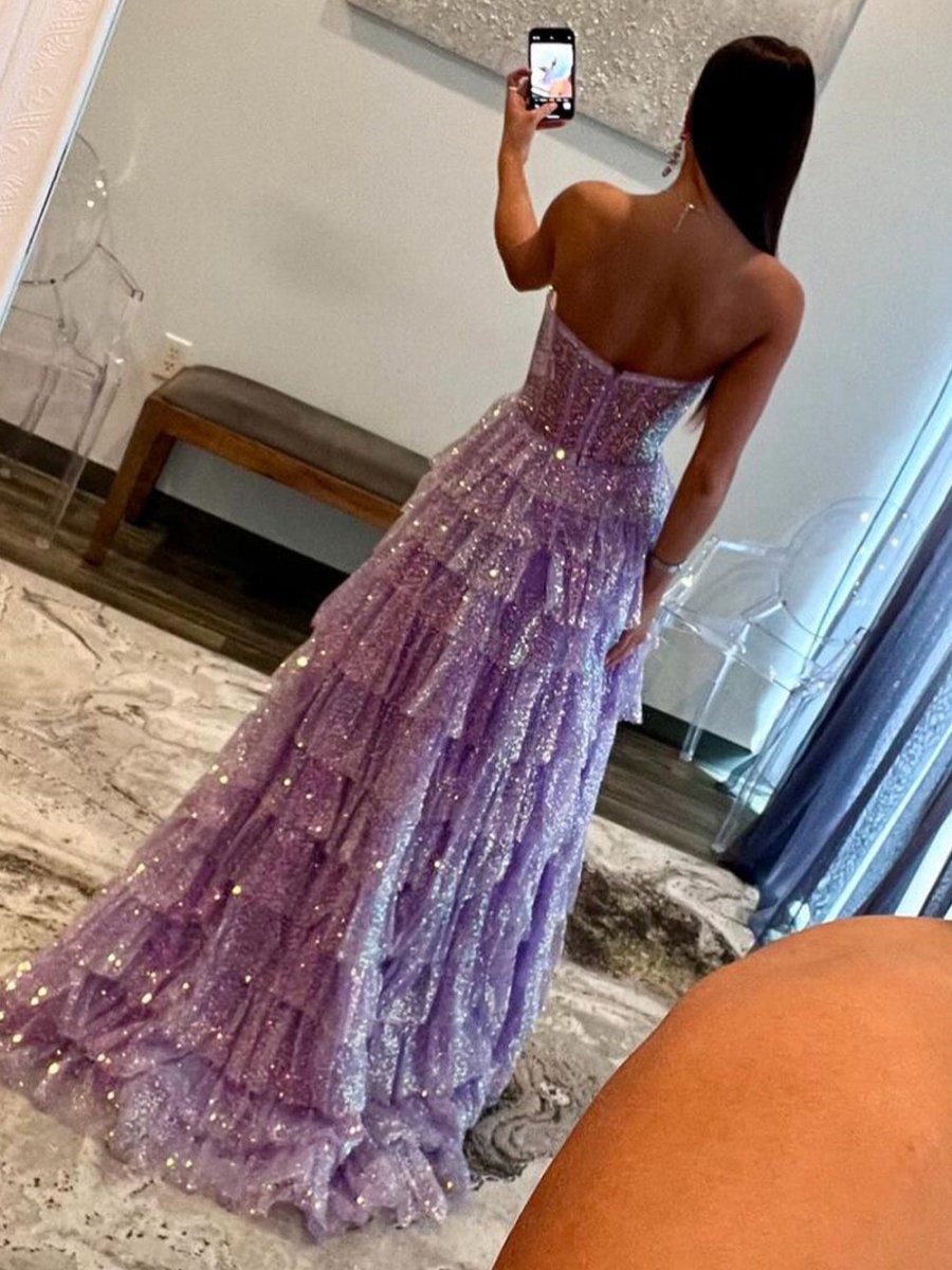 A-line Sweetheart Sequins Long Prom Dresses with Split