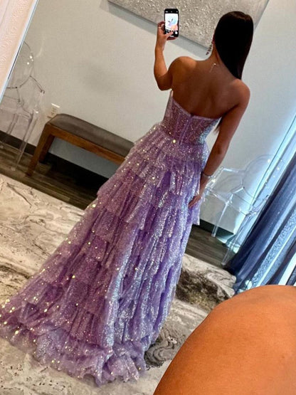 A-line Sweetheart Sequins Long Prom Dresses with Split