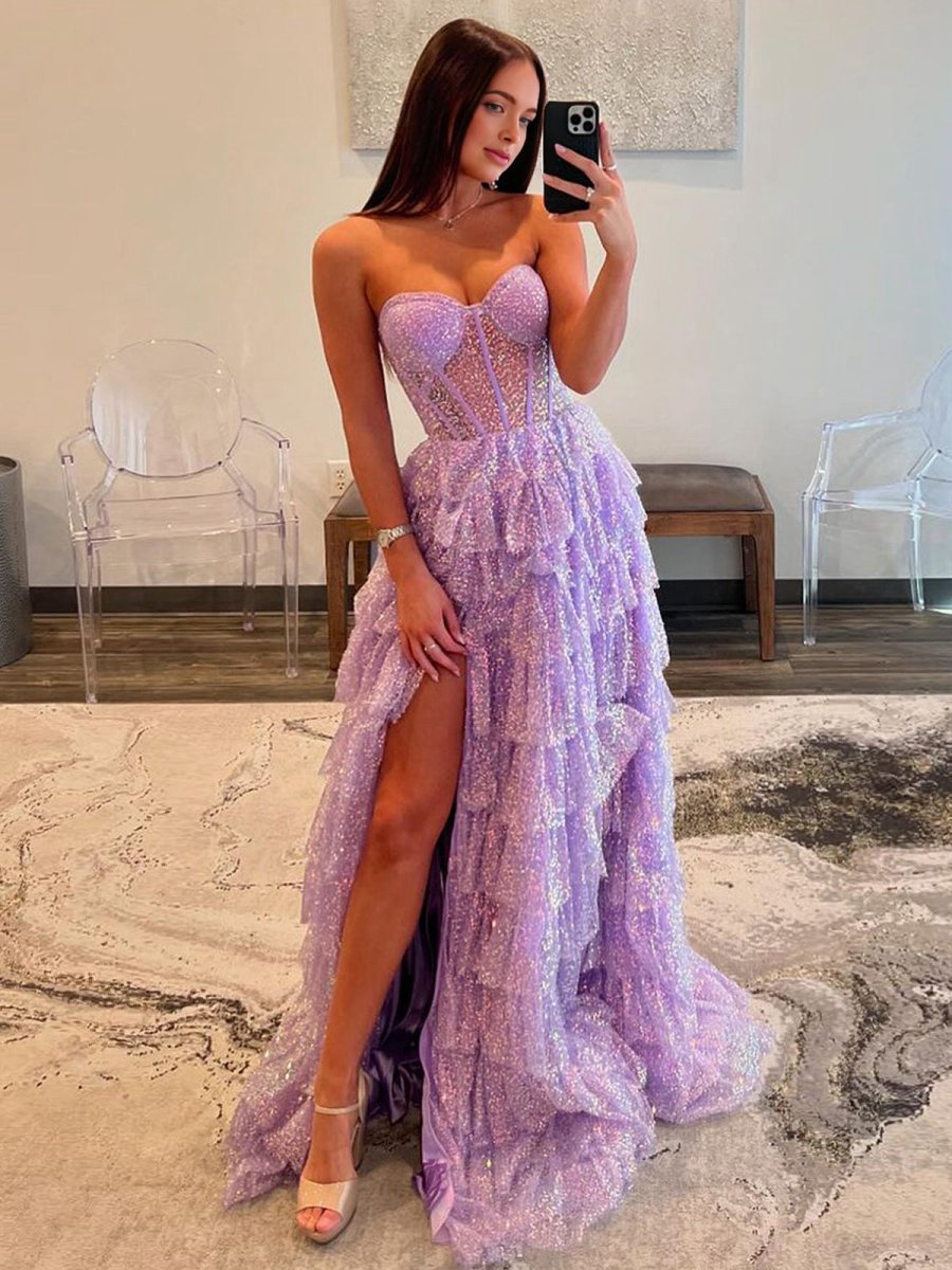 A-line Sweetheart Sequins Long Prom Dresses with Split