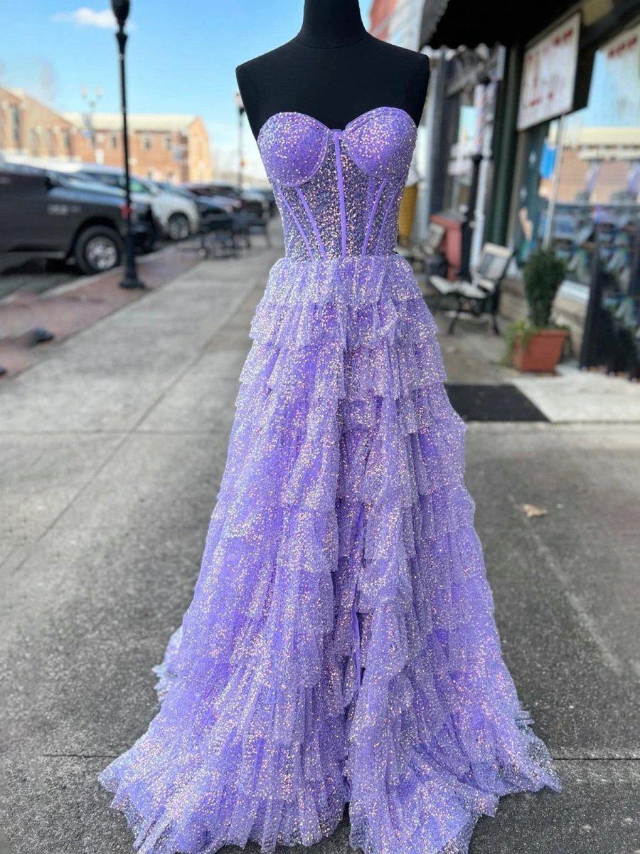 A-line Sweetheart Sequins Long Prom Dresses with Split