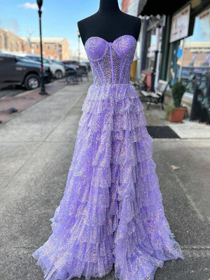 A-line Sweetheart Sequins Long Prom Dresses with Split