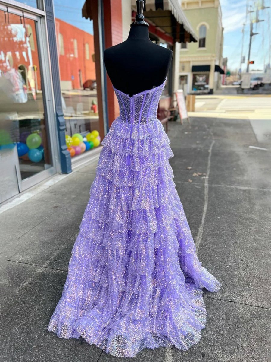 A-line Sweetheart Sequins Long Prom Dresses with Split