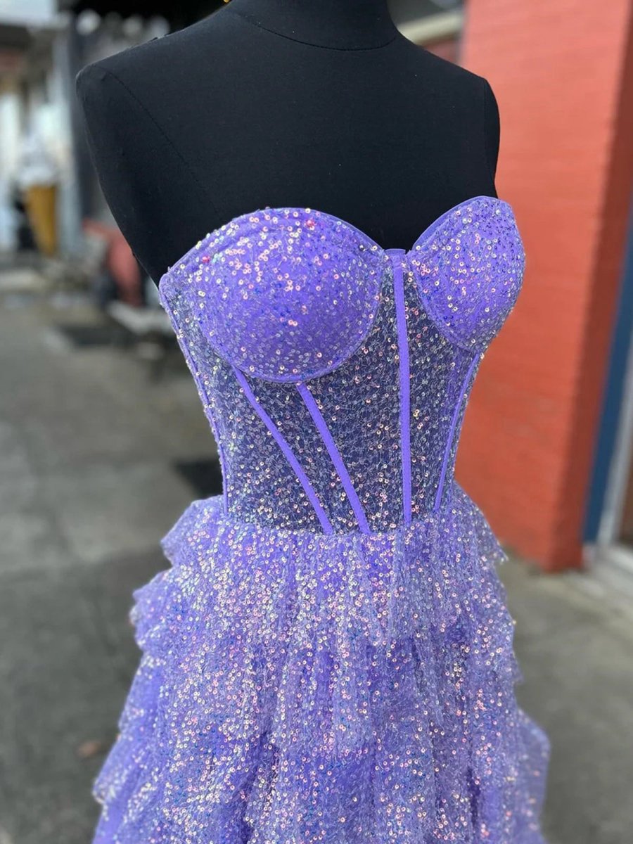 A-line Sweetheart Sequins Long Prom Dresses with Split