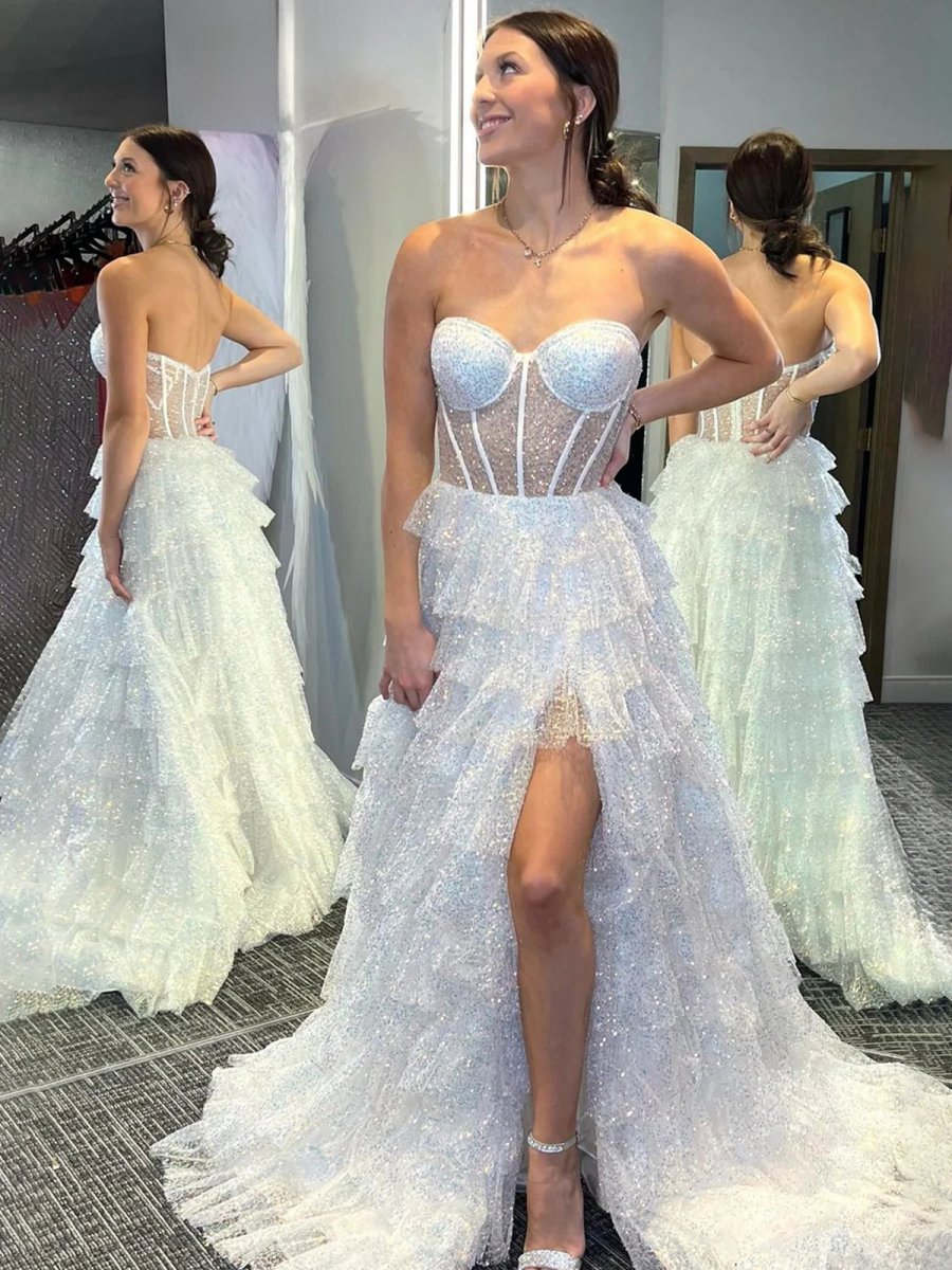 A-line Sweetheart Sequins Long Prom Dresses with Split