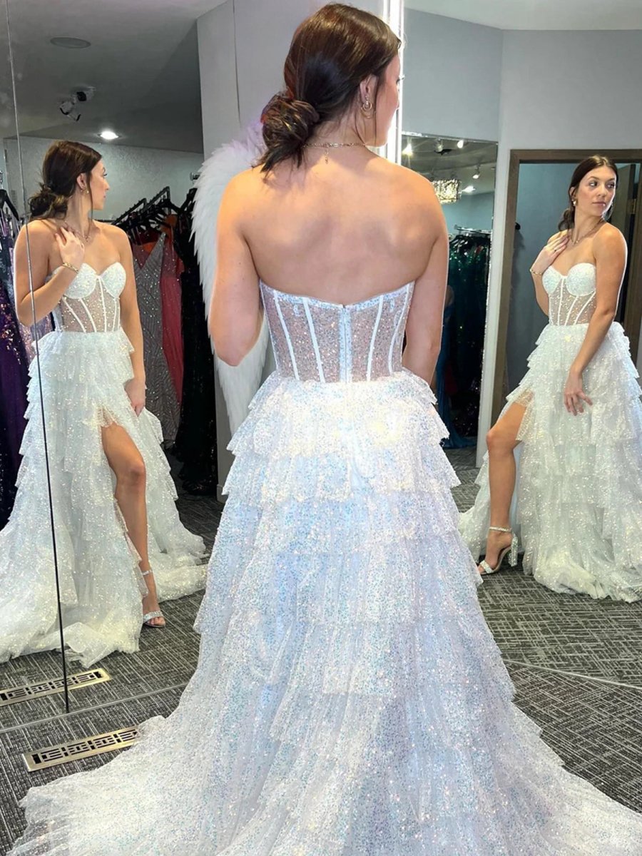 A-line Sweetheart Sequins Long Prom Dresses with Split