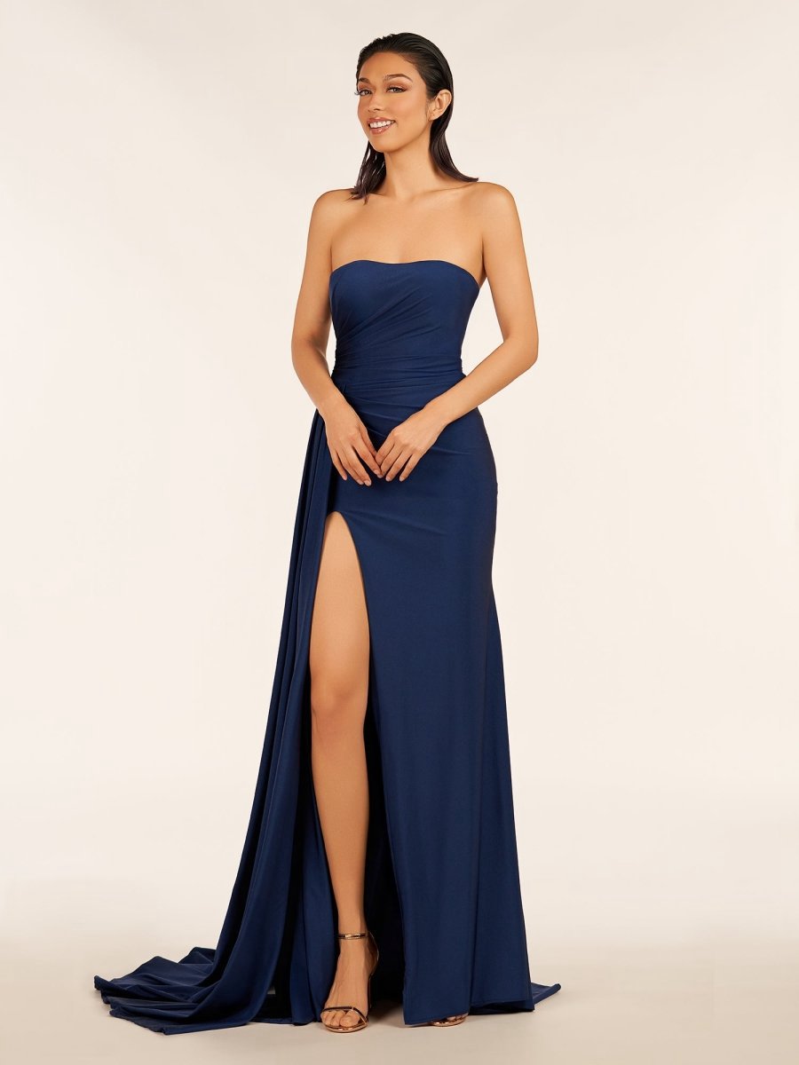 Mermaid Strapless Satin Long Prom Dresses with Split