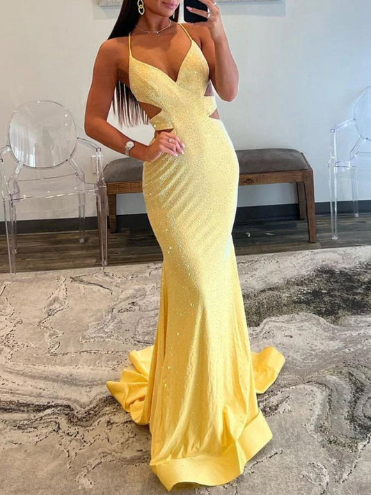 Sparkly Mermaid V Neck Sequins Long Prom Dresses